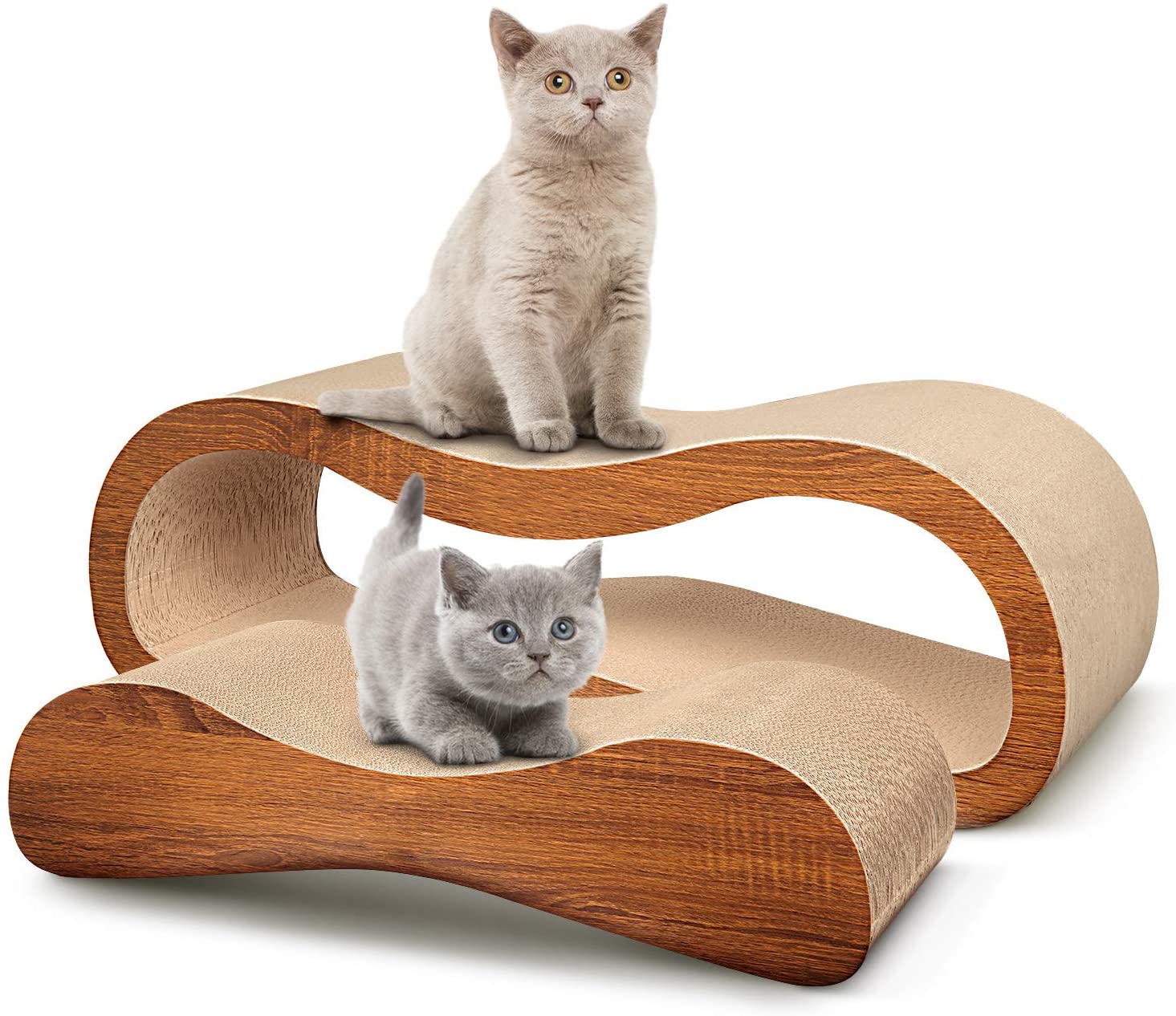 Two cats relax on a durable 2-in-1 cat scratcher lounge, designed for comfort and play while protecting furniture.